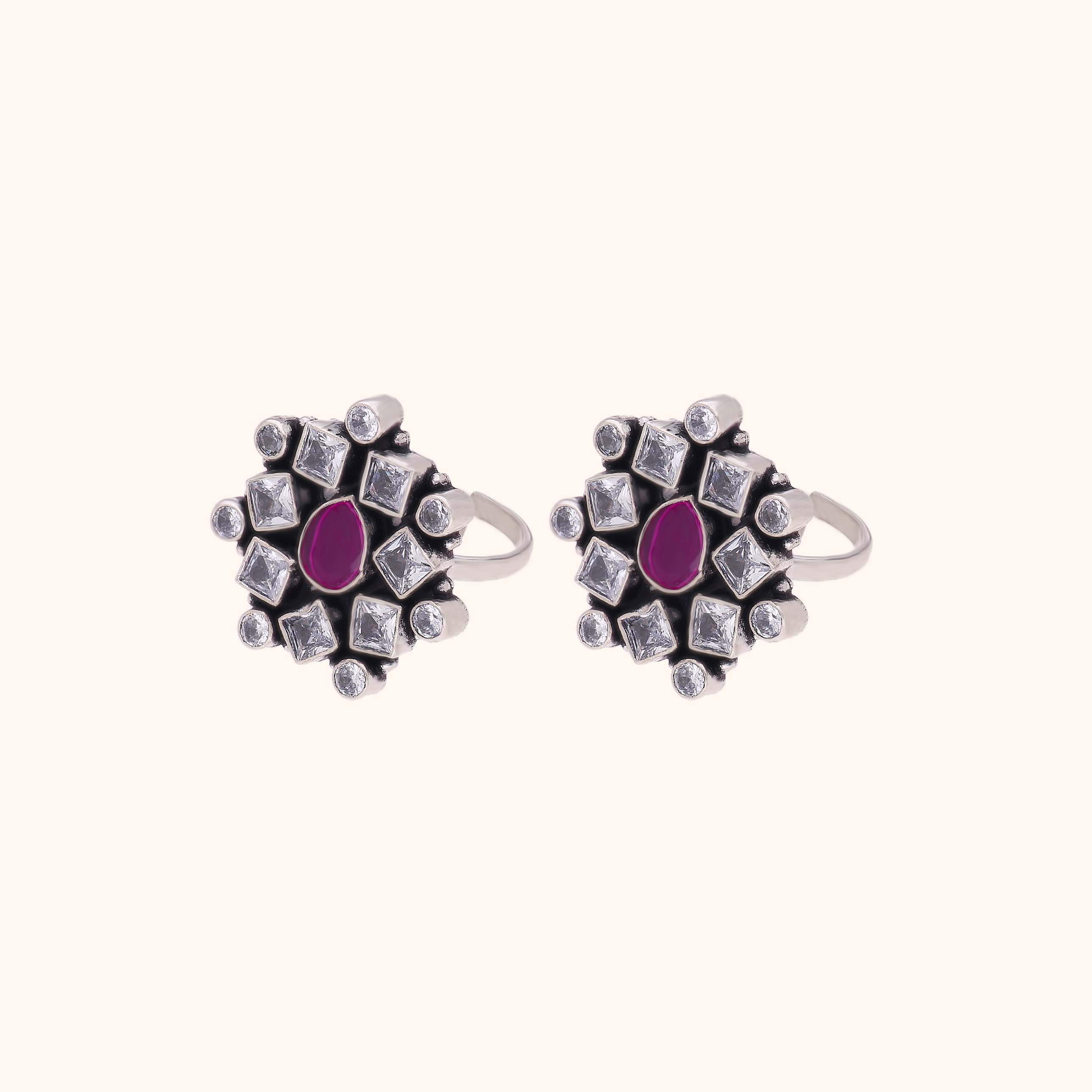 Charming 925 Silver Toe Ring with Pink & White Stones