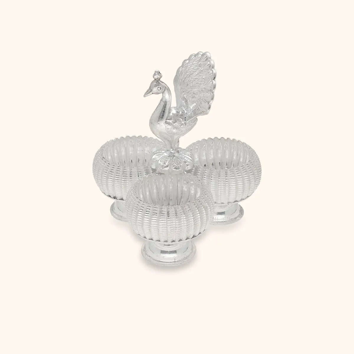 Peacock Motif Silver Karanda - Silver Pooja Items / Silver Puja Samai