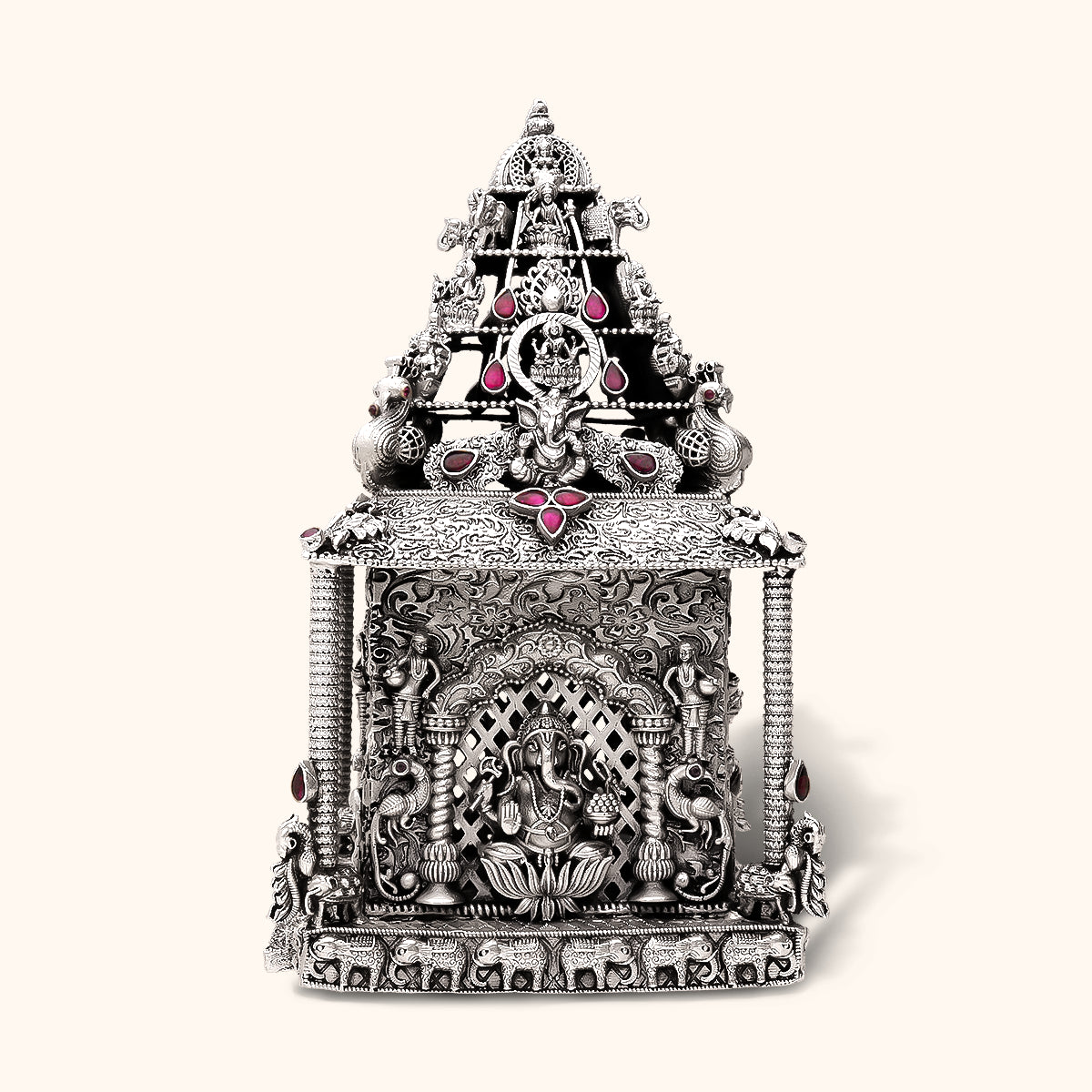 Antique Silver Murti-Ganesha, Laxmi, Sarswati, Balaji with Lord Ganpathi as its centerpiece. 925 Silver with Rhodium & Lacquer Coating for Anti-tarnish.