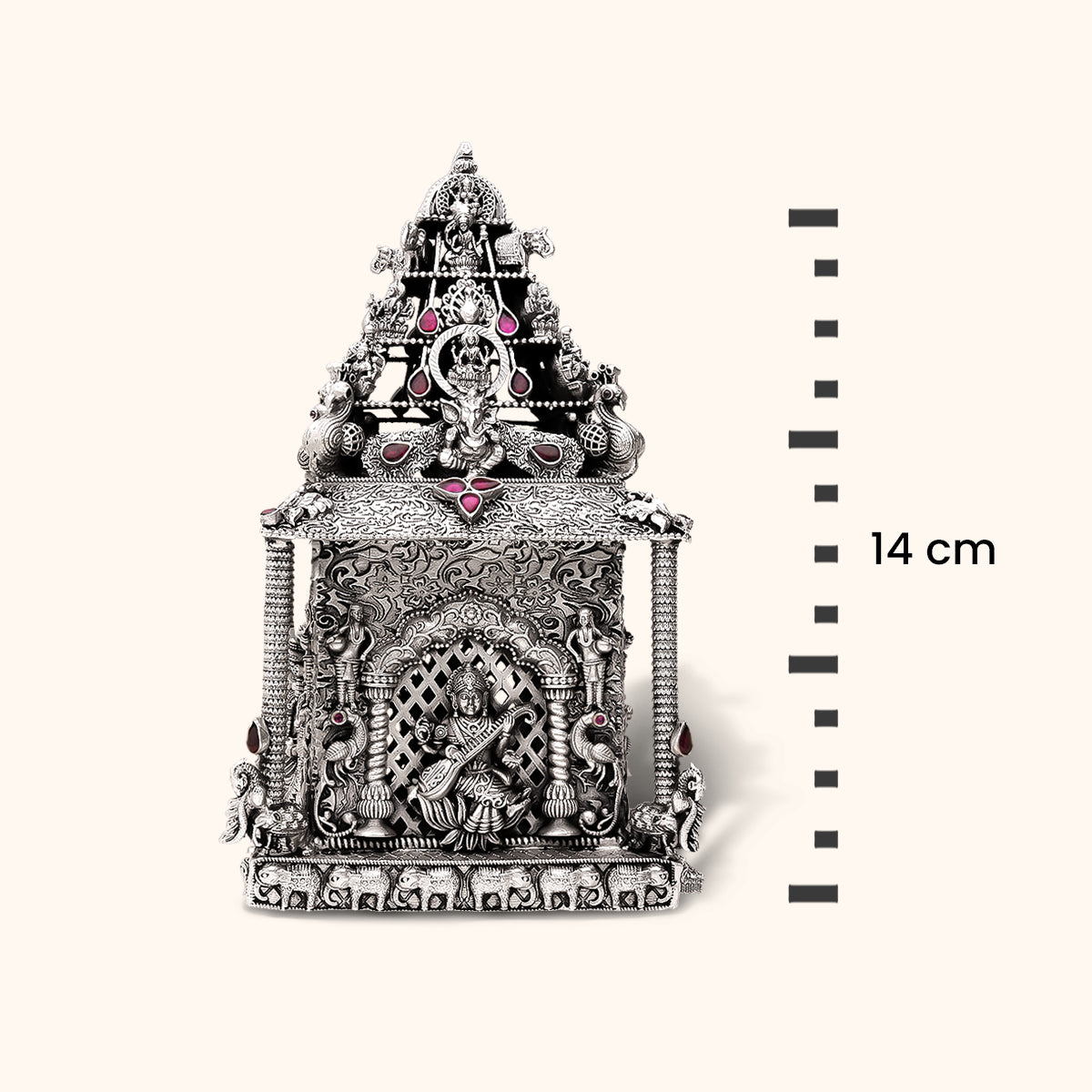 Antique Silver Murti-Ganesha, Laxmi, Sarswati, Balaji with Lord Ganpathi as its centerpiece. 925 Silver with Rhodium & Lacquer Coating for Anti-tarnish.