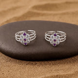 Purple Floral Silver Toe Ring Pair