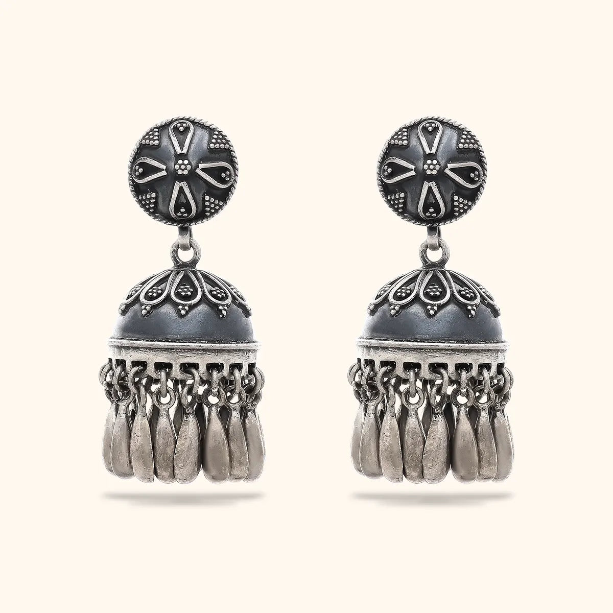 Buy Classic Oxidised Silver Big Drop Jhumka Earrings Online – The Jewelbox