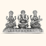 Divine Trio Silver Murti of Lord Ganesh, Saraswati, and Lakshmi