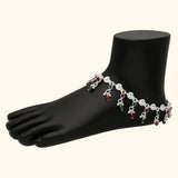 Green Red Dew Drops 925 Silver Payal / Anklet for Women with Rhodium and Lacquer coating for Anti-tarnish.