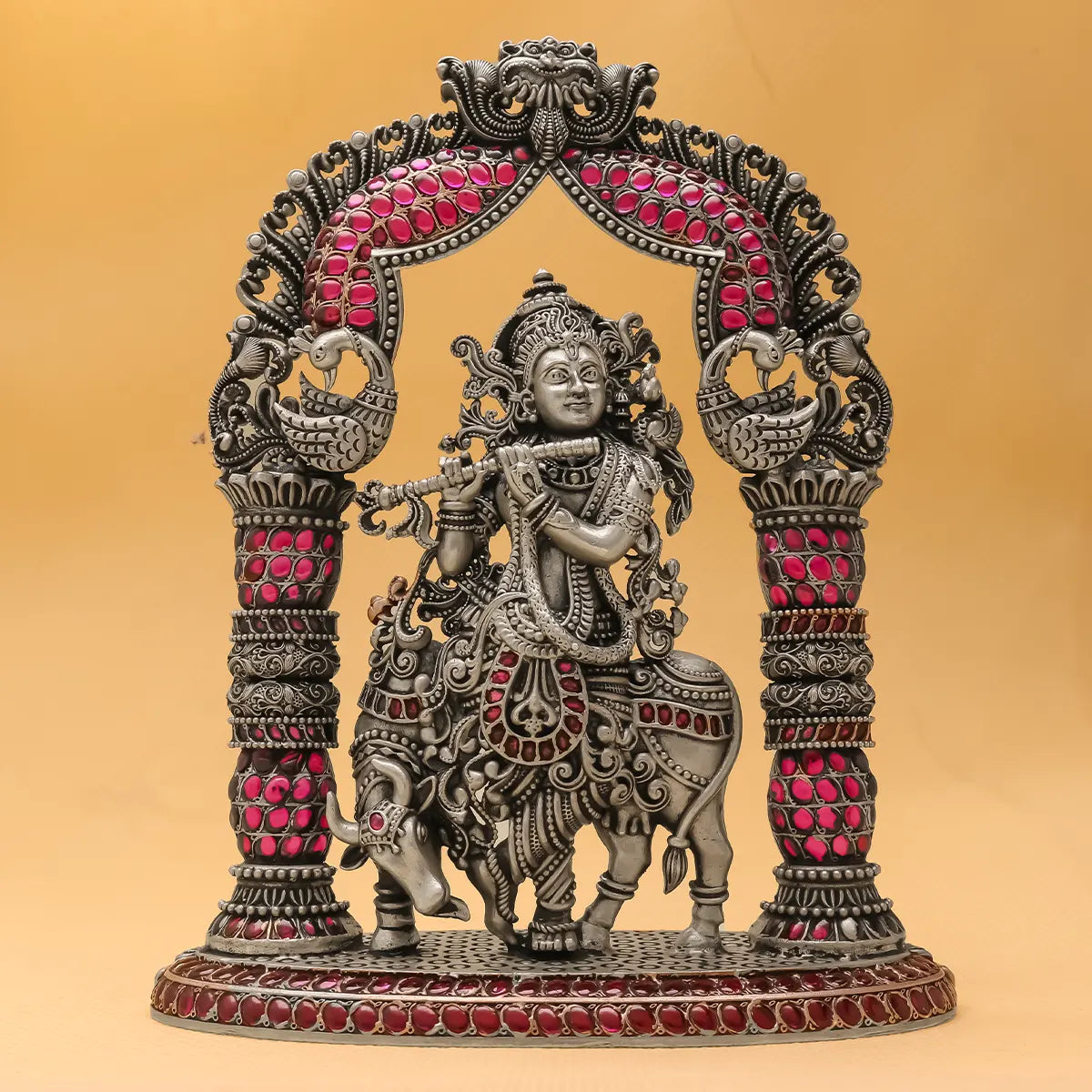 Shree Krishna Silver Idol - Semi Precious Stone